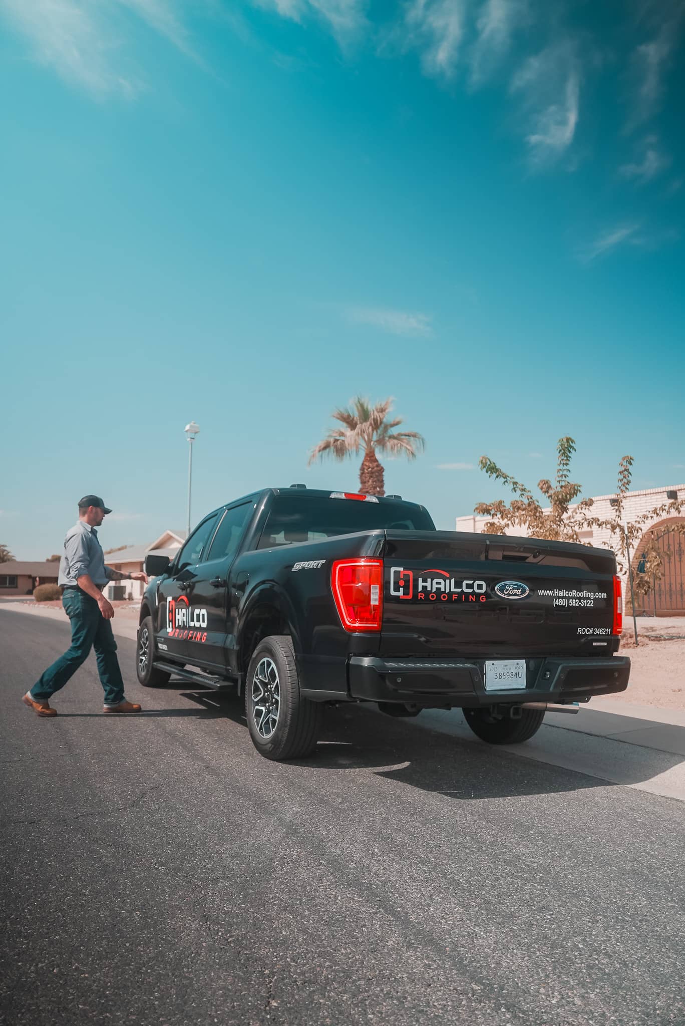 HailCo Roofing crew arriving at an Arcadia, Phoenix, AZ residential roofing project